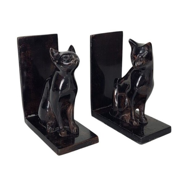 Vintage MCM Art Deco Siamese Cat Heavy Metal Pair of Bookends Made in India - Picture 1 of 10